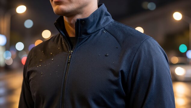 Man wearing dark waterproof jacket with water droplets in bokeh night city lights