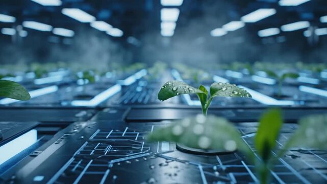 Green seedlings thrive in a high-tech indoor vertical farm featuring glowing blue lights and digital circuit floor patterns.
