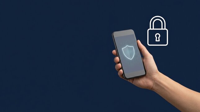 Mobile security, smartphone protection, cybersecurity concept with hand holding phone and glowing lock icon.