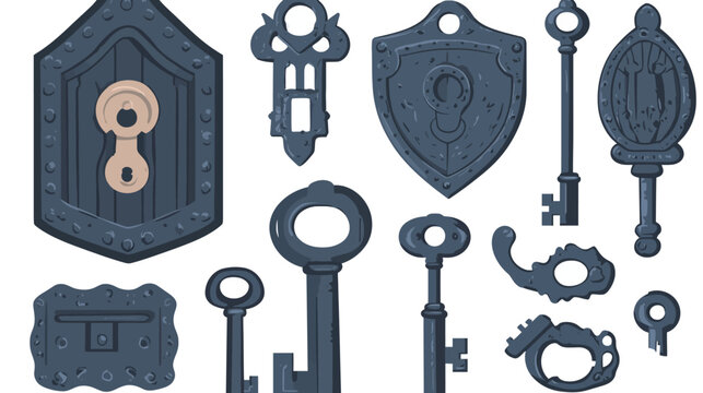 Collection of old keys and locks with medieval design elements