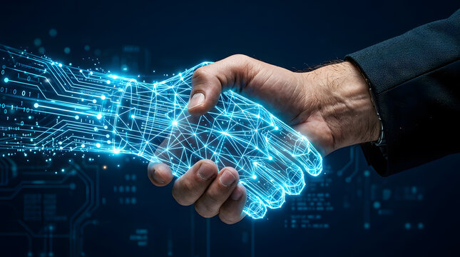AI and Human Handshake Concept | Future of Business and Artificial Intelligence Partnership | Human and Robot Collaboration in Digital Technology | Advanced Cybernetic Partnership and Innovation | Hum