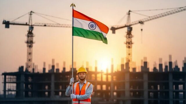 Young Indian male construction worker holding national flag at building site during sunset, representing infrastructure development, national pride, and industrial growth