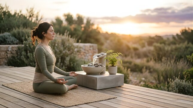 Woman practicing yoga meditation on a wooden deck at sunset with a fountain
