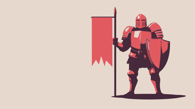 A knight in red armor holding a lance and shield, standing on a light background