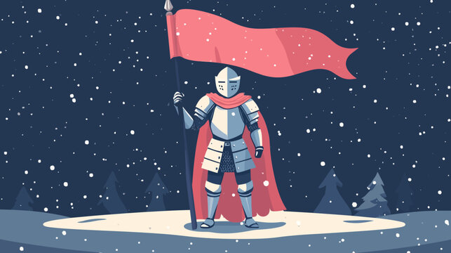 Cartoon knight in shining armor holding pink flag in snowy night