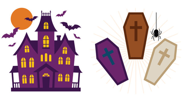 Haunted mansion halloween set with flying bats and wooden coffins art.