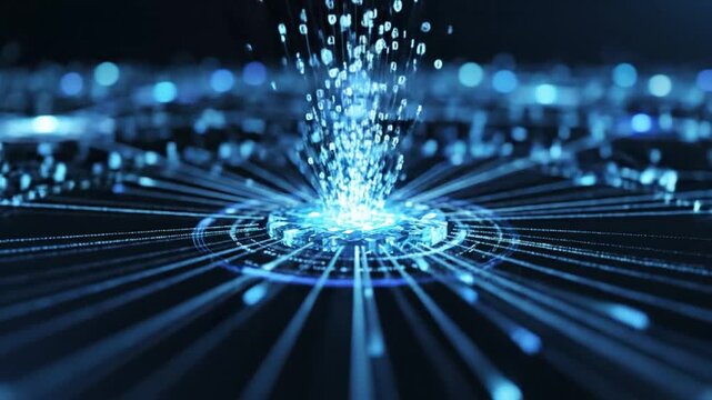 Data explosion radiates from a central point with blue light beams and digital particles against a dark background.