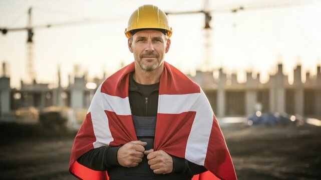 Middle aged male construction worker wearing yellow hard hat and Danish flag standing on building site representing national pride and industrial development