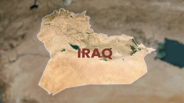 Iraq map zoom, country border animation, satellite terrain background, focused highlight effect, Middle Eastern country outline, blurred surroundings view, infographic cartography motion