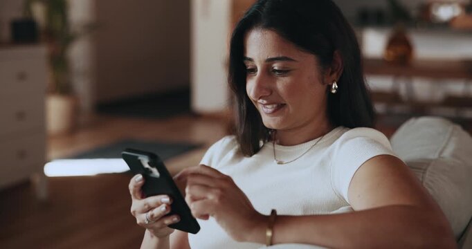 Relax, scroll and woman with phone on couch, check picture gallery and browsing camera roll for nostalgia. Photo library, mobile app and person with smile for digital memories, social media and home