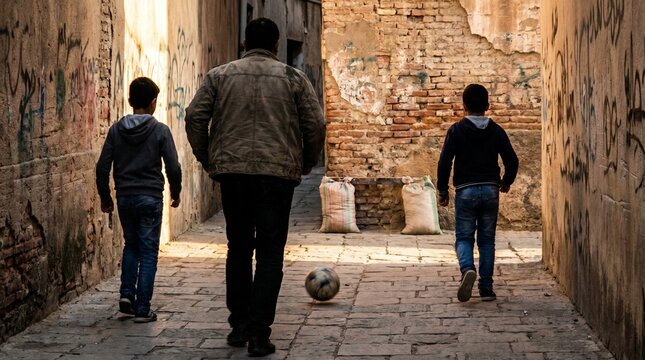 Back view of a father and two sons walking down a narrow, gritty urban alleyway with brick walls and graffiti. A soccer ball rolls on the cobblestone floor in the warm sunlight.