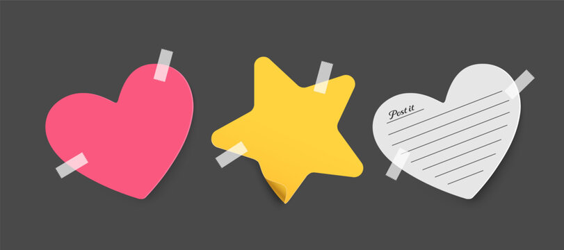 Set of cute sticky notes or post it in heart and star shapes with adhesive tape on dark background colorful blank post note reminders and memo paper vectors for office, school and daily planning
