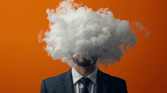 Businessman head cloud animation conceptual motion footage showing mental pressure and creative thinking process on a vibrant orange studio background