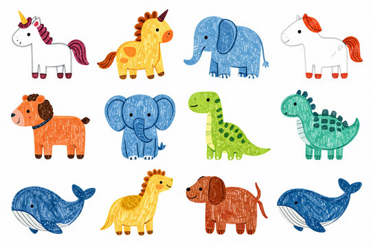 Cute crayon animal set, cute baby animal illustration, kids doodle scribbles with unicorn, elephant, dinosaur, bear, whale naive wax crayon art.