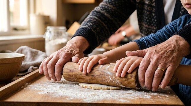 Grandparent and child hands rolling dough with a wooden rolling pin