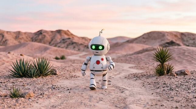 Robot, desert landscape, white bot, green eyes, futuristic toy