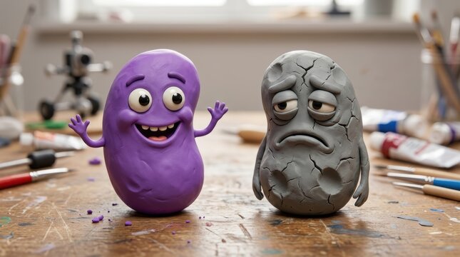 Two clay figures on a wooden table, one happy purple character and one sad grey cracked character, creative studio setting