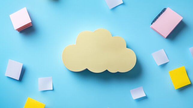 A yellow cloud shape resting on a flat blue surface surrounded by colorful sticky notes and a small notebook in this top view studio photograph