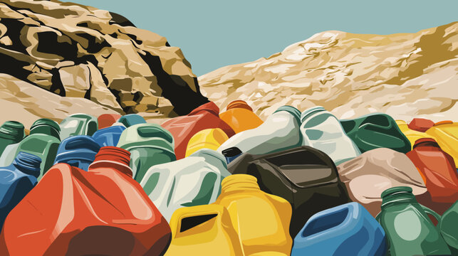 Pile of discarded plastic bottles on rocky desert terrain