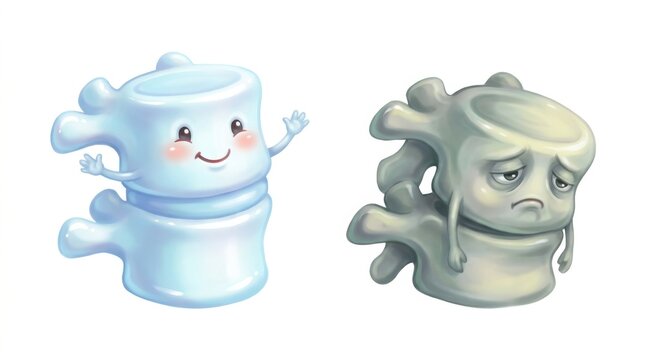 Cartoon illustration of a healthy spine vertebra versus a damaged or degenerated vertebra isolated on white background