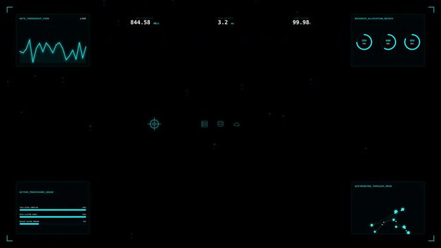 Dynamic motion of futuristic digital interface with fluctuating data streams and glowing elements for technology and data visualization scenes.
