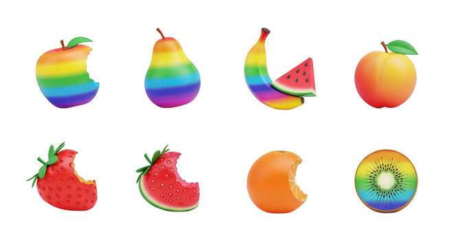 assorted colorful rainbow striped fruits with bite marks arranged against a clean white backdrop for healthy food concepts