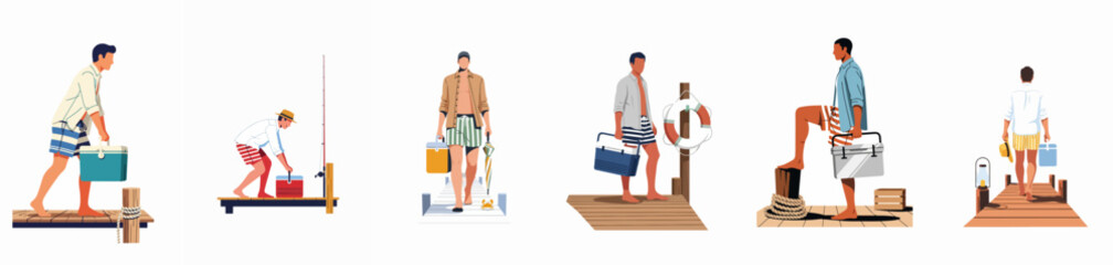 Set of flat vector illustrations featuring men in summer attire carrying cooler boxes on wooden docks, ideal for vacation, beach, and fishing themes. © Yumi