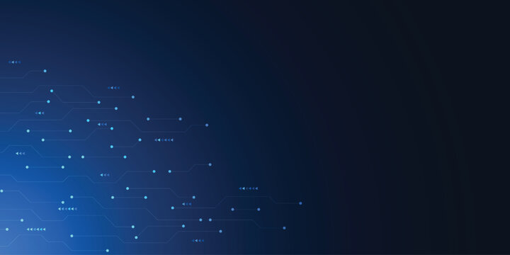 Digital circuit board pattern with blue lights and triangular connectors on a dark background