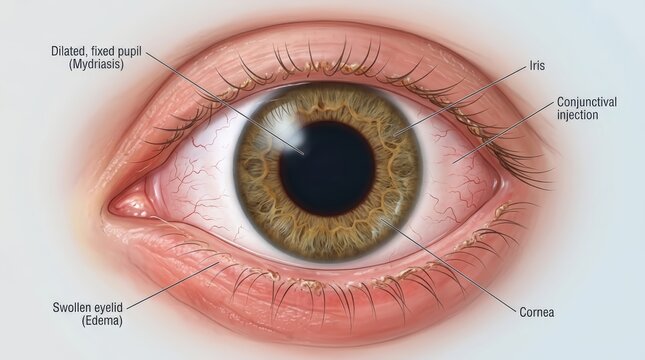 Eye injury symptoms and anatomical labels on a human eye