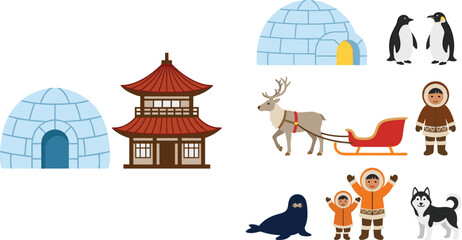 Cartoon arctic life element set with igloo penguin reindeer sled husky dog and people vector illustration © MdRobiul