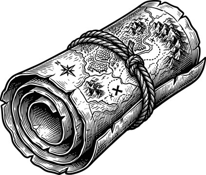 Old rolled treasure map tied with rough rope, showing islands and a compass rose, vintage exploration document