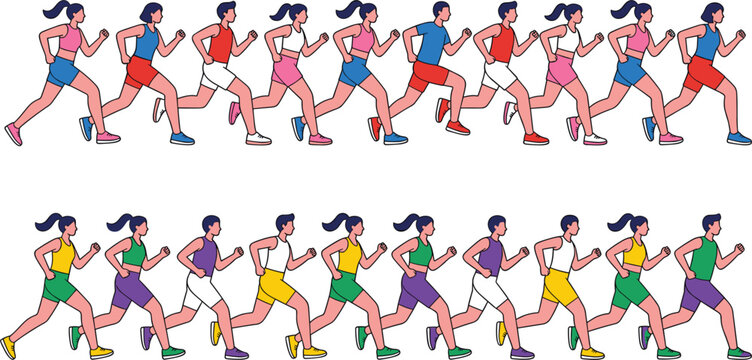 Marathon runners group character seamless pattern crowd of people running side view vector illustration