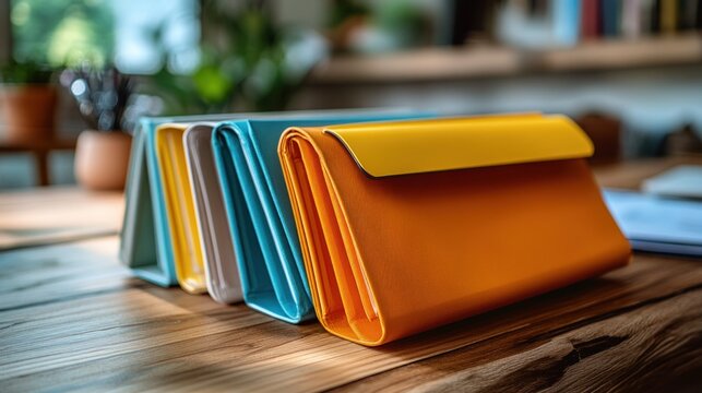 This professional photograph displays a collection of colorful modern document folders neatly organized on a wooden desk to highlight their sleek design and vibrant aesthetic appeal.
