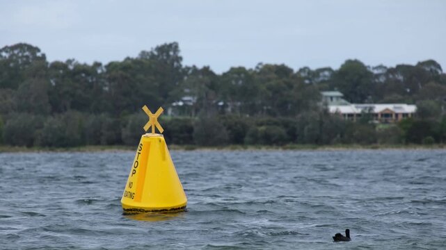 A yellow conical special mark buoy floating on choppy coastal water with text reading "STOP NO BOATING" along the waterfront of Paynesville, Victoria, Australia.