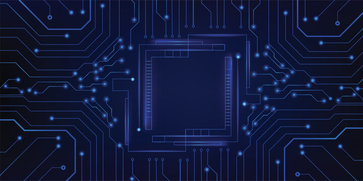 Futuristic digital circuit board with glowing blue lines and nodes creating a complex technological network