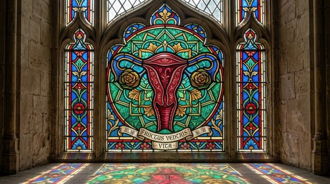 Stained glass window featuring a stylized uterus and ovaries with floral motifs and latin inscription fructus ventris vita in a stone cathedral