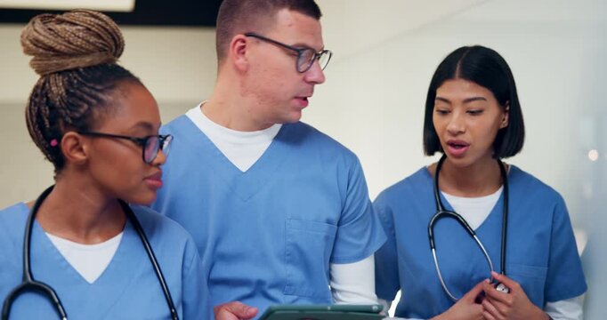Tablet, talking and team with nurses in hospital for medical report, planning and surgery schedule. Healthcare, discussion and advice with people in clinic for research, digital records and feedback