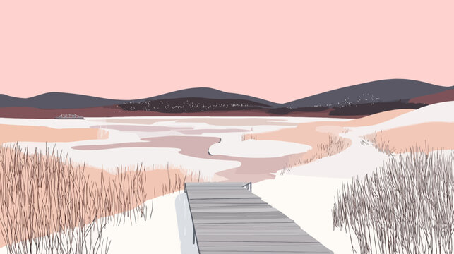 Serene landscape with a wooden dock leading to a lake, mountains in background
