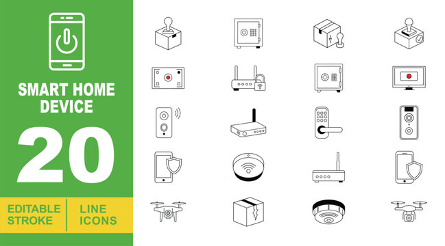 Smart Home Device Line Icon Set. Joystick, Safe, Package, Button, Camera, Router, Display, Speaker, Intercom, Lock, Phone, Protection, Sensor, Drone, Box, Alarm, Detector, Security.