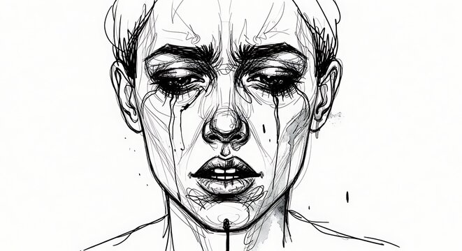 Sadness expressed through facial features drawing.