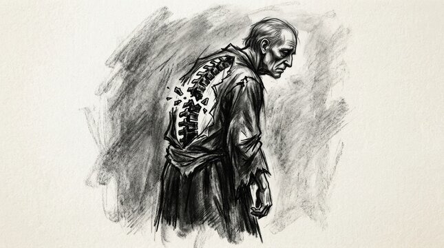 Charcoal drawing of a hunched man with a broken spine visible through his torn clothing