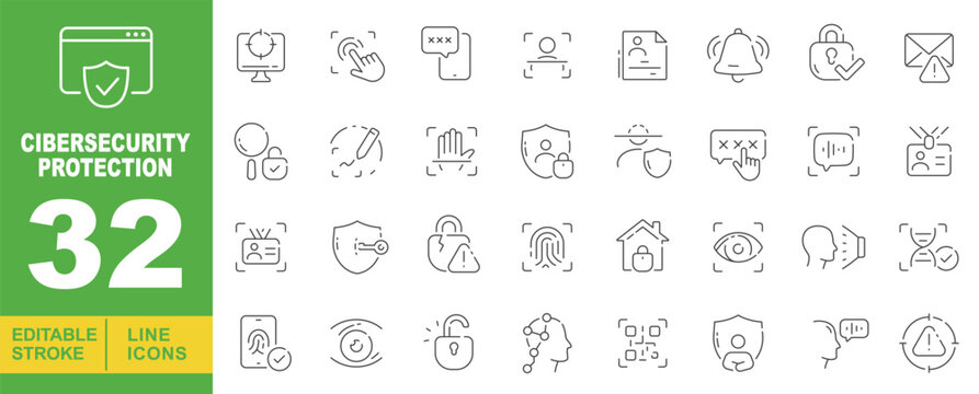 Cybersecurity Protection Line Icon Set. Shield, biometric, fingerprint, password, lock, alert, scan, identity, safety, privacy, network, firewall, malware, database, access.