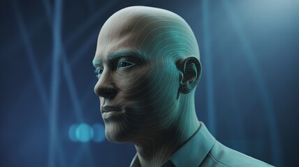 Obraz premium Bald businessman thinking in futuristic blue neon corporate environment