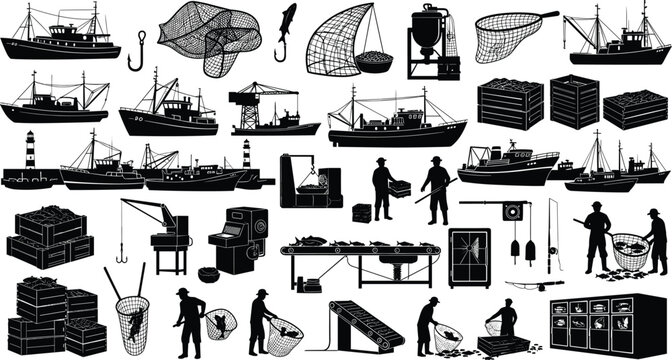 Commercial fishing industry silhouettes with boats, nets, workers, and seafood processing equipment representing maritime trade activities