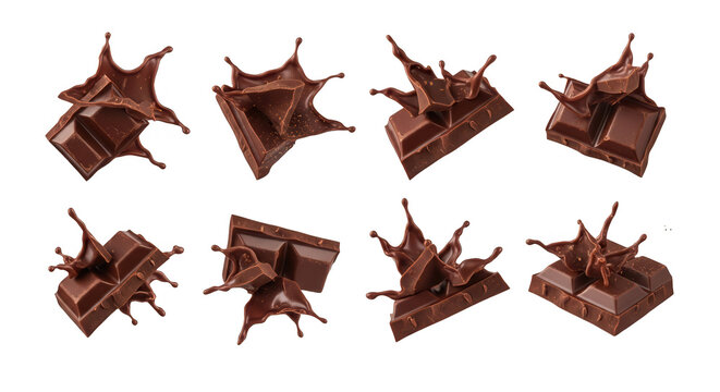 chocolate bars in mid air with splash effects white background for food advertising