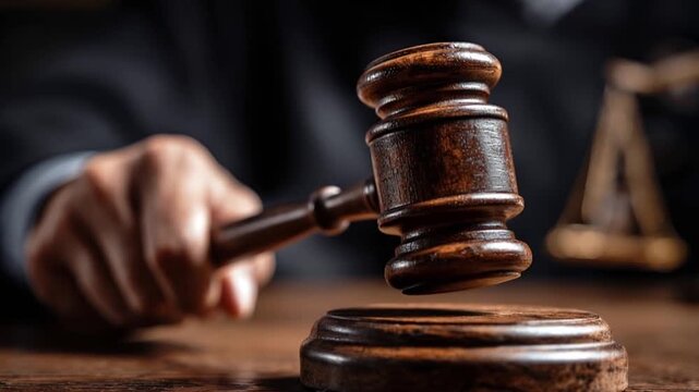 A judge's hand grips a wooden gavel, poised to strike, symbolizing justice and legal proceedings in a dramatic, close-up shot. ..Created with Generative AI, not depicting real subjects.