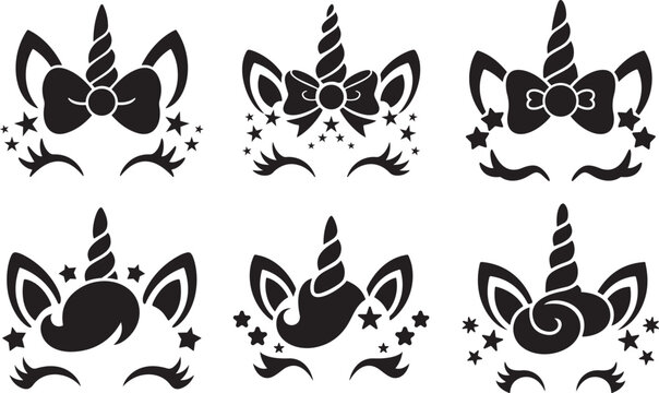 Collection of six black unicorn face silhouettes with bows and stars on white background