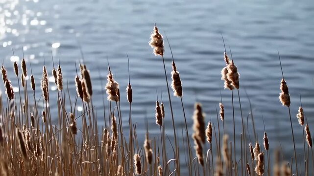 Beautiful cattails swaying in the wind near a calm lake on a sunny day.