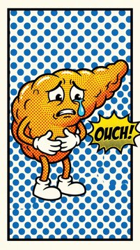Cartoon illustration of a sad, crying pancreas character in pain with an ouch speech bubble, pop art comic book style