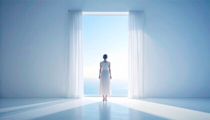 Fototapeta premium Woman in white dress standing by a large open window looking at the blue sea, minimalist interior design.